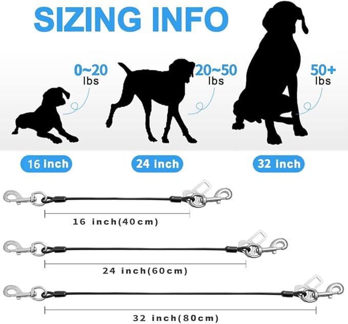 Dog Seat Belt Harness for Car,2pcs Dog Seatbelt of Coated Wire Leash Safety Restraint,No Chew Tether Cable Vehicle Dog Accessories,Double Clips & Latch (2 Pack Red+Blue, 16 inch/40 CM)