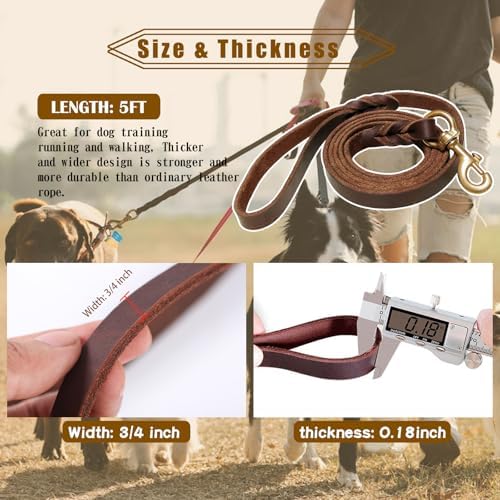 Leather Dog Leash, 5ft x 3/4 inch, Heavy Duty Genuine Leather Braided Dog - Image 3