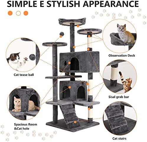 BestPet | 54" Cat Tree Tower | Light Gray | Sturdy Multi-Level Cat Tree - Image 6