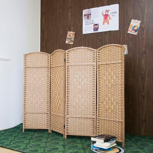 4-Panel Short Room Divider, 3.9 ft Freestanding Partition Wall, Light Brown by Loomveil