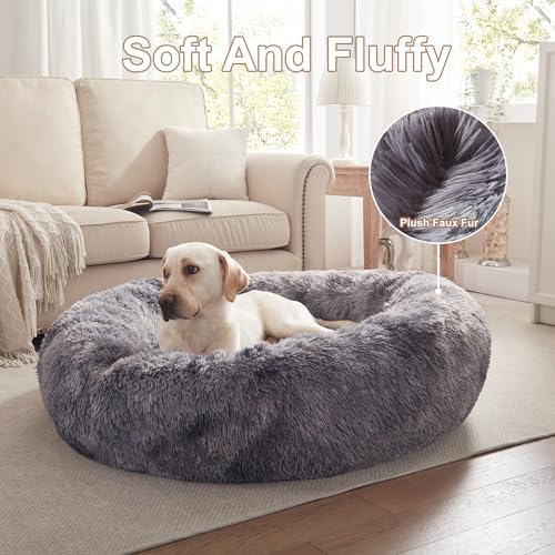 45 in Faux Fur Donut Dog Bed for Extra Large Dogs, Tie-dye Grey - Image 4