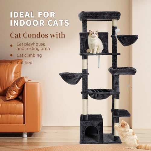 Upgraded 69.7 Inch Multi Level Cat Tree Perches Condos Hammocks Basket Toy Grey - Image 2