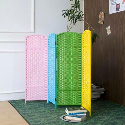 4-Panel Short Room Divider, 3.9 ft Freestanding Partition Wall, Colorful Rattan - Image 2