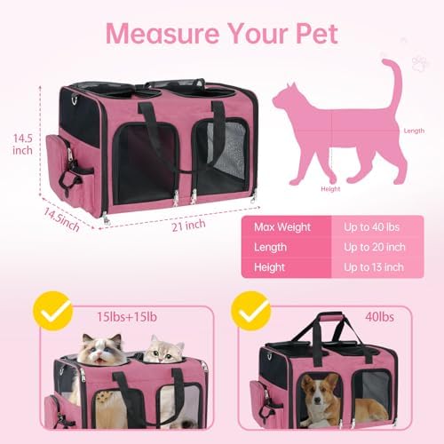 Cat Carrier for 2 Cats Double Pet Carrier Extra Large Multi Cat Travel Pink - Image 4