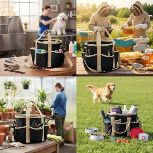 Abbylike Grooming Tote, 10.63 x 10.63 x 9.45 Inch, Khaki and Black - Image 4