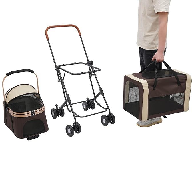 Foldable Pet Stroller for Small & Medium Dogs, Double Dog & Cat Stroller with 3-in-1 Travel System, Detachable Pet Carrier with Wheels for Cats and Dogs up to 77 lbs, Coffee Color