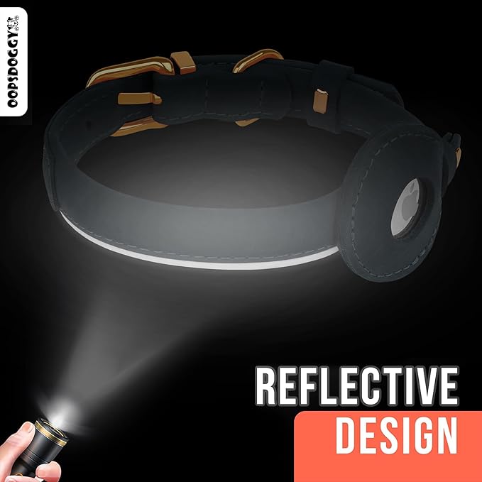 OOPSDOGGY Rolled Leather Dog Collar with Airtag Holder - Reflective Round Airtag Dog Collar - Soft Tracking Pet Collar for Small Dogs Puppy Cats Kitten (Black, XXL, 20"-24")