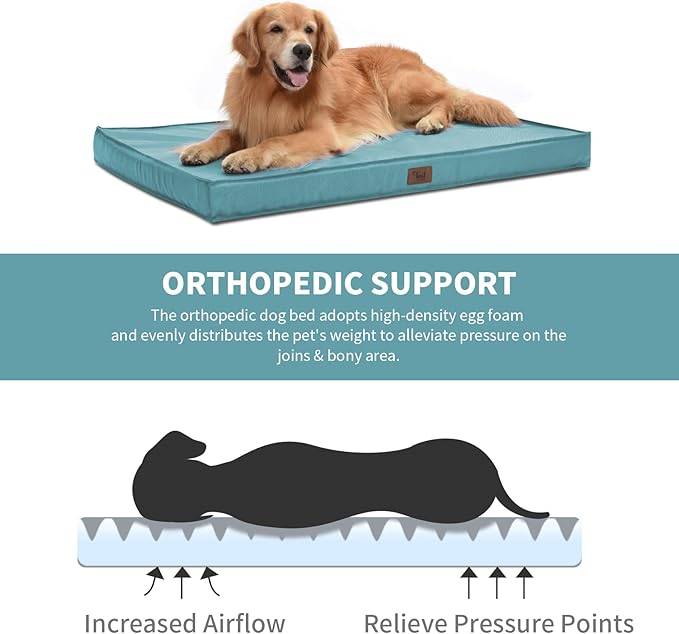 Outdoor Extra Large Dog Crate Bed, Big Waterproof Dog Bed for Large Dogs, Orthopedic Egg Foam Pet Bed Mat with Removable Cooling Cover, Light Blue