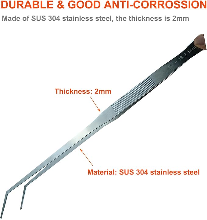 Extra Long Tweezers, Feeding Tongs, 18.9 inch Aquarium Stainless Steel Large Aquascape Tools for Fish Tank, Terrarium，Aquascaping, Reptile Snake (Curved)