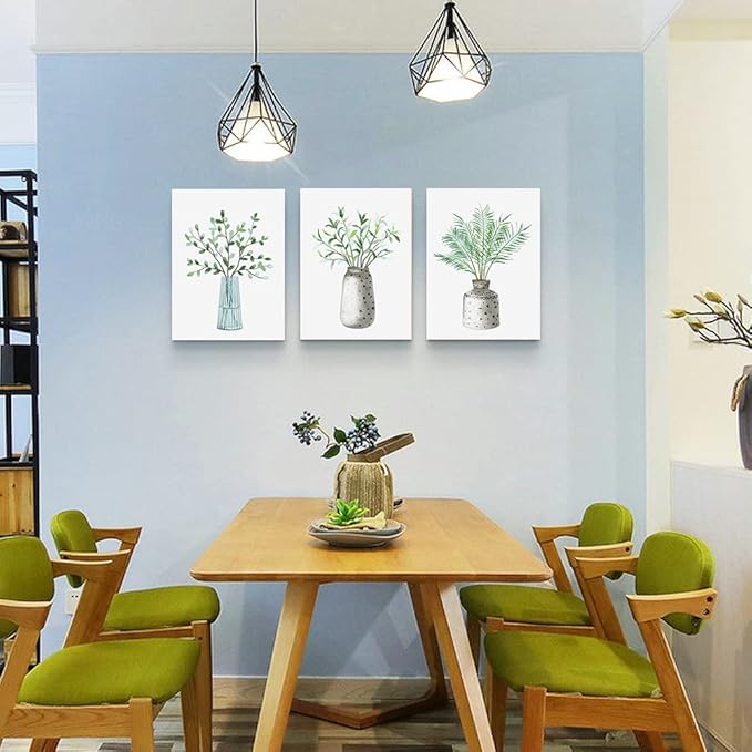 AHUASJART Canvas Wall Art Paintings For Kitchen Dining Room Large Size Wall Decor For Living Room Bedroom Wall Decoration Office Decor Green Leaf Vase Wall Pictures Artwork For Home Walls 3 Piece