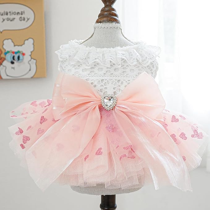 Pink Dog Dress for Small Dog Girl Spring Puppy Clothes with Bow Puff Sleeves Cat Outfit Doggy Princess with Leash Ring Doggies Harness Dress Summer Pet Apparel (Pink White, X-Small)