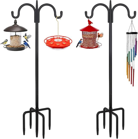 FEED GARDEN Adjustable Double Shepherds Hook for Outdoor with 5 Prong Base 63 Inch Heavy Duty Two Sided Bird Feeder Pole for Hanging Plant Baskets, Solar Light Lanterns, Wind Chimes 2 Pack