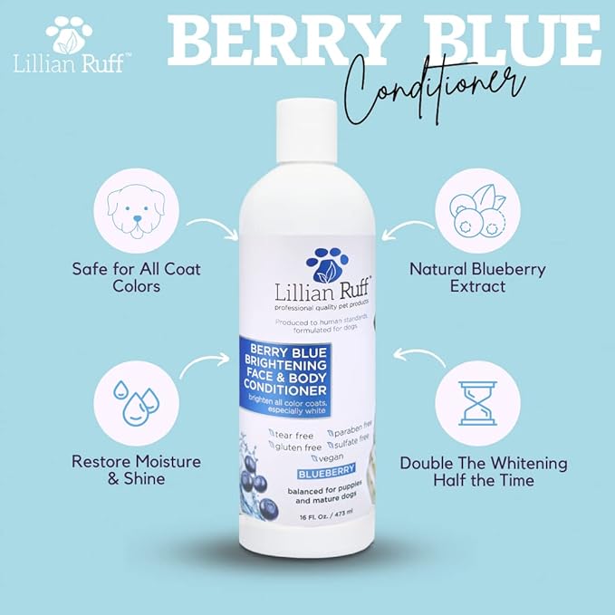 Lillian Ruff PRO Formula Berry Blue Brightening Dog Shampoo & Conditioner Set - Professional Show-Quality Whitening, Stain & Odor Eliminator, Hydrating Relief for Dry Skin, ProVitamin B5, USA Made