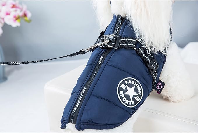 HDKUW Small Dog Jacket, Small Dog Coat Harness Winter Warm Vest Jacket Waterproof Cotton Costume for Puppy Small Dogs (XL, Blue)