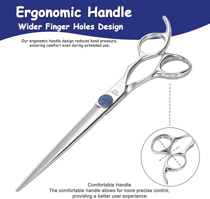 7.5'' Dog Grooming Scissors Set with Blue Diamond Adjustable Screws CNC 440C Stainless Steel Thinner Chunker Straight Curved Shears with Comb Sharp and Durable