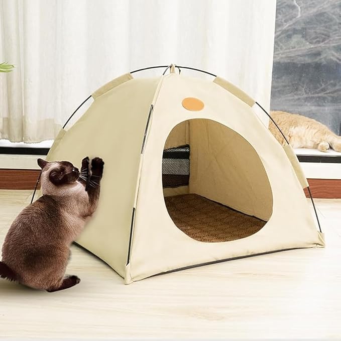 BreezyDen Pop-Up Pet Tent – Portable Indoor/Outdoor Cat Tent, Waterproof Pet Hideaway for Cats & Small Dogs with Mesh Window, Anti-Slip Base & Washable Design (Coffee, L (15 catties Kitten))
