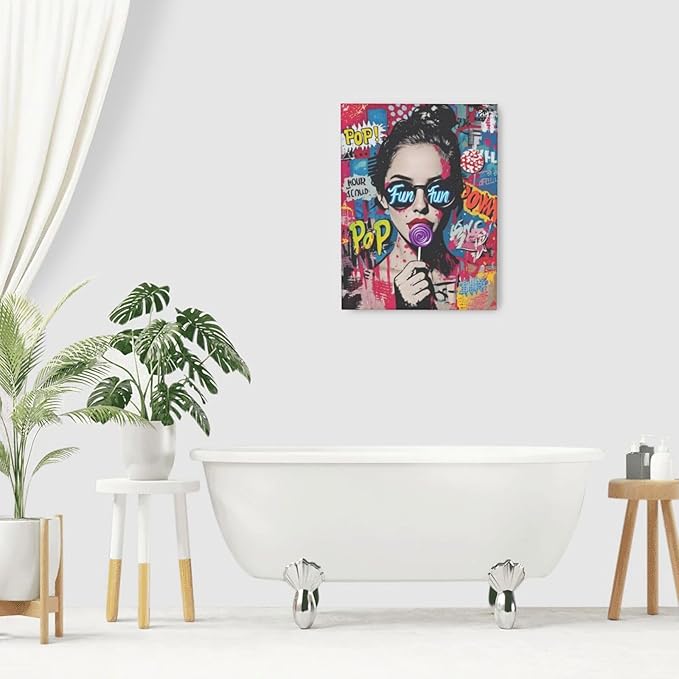 Fashion Women Wall Art Glam Modern Artwork for Girls Banksy Street Graffiti Pop Art Canvas Pictures Painting Print Framed Decorations Gifts for Bedroom Living Room Office 12"x16"