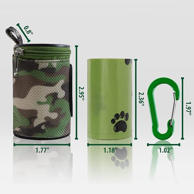 Dog Poop Bag Holder for Leash Doggie Waste Bag Dispenser Puppy Potty Carrier Small Doggy Zipper Pouch with Carabiner Clip 1680D Nylon Oxford with 1 Roll of Pet Trash Bags, Woodland Camo