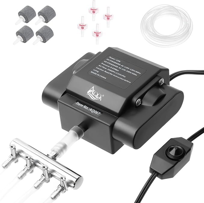 AQQA Aquarium Air Pump Powerful Pond Aerator Oxygen Pump 4 Outlets Adjustable Hydroponic Air Bubbler Pump with Air Stone Tube Air Valves for Up to 1000Gal (15W,356GPH)