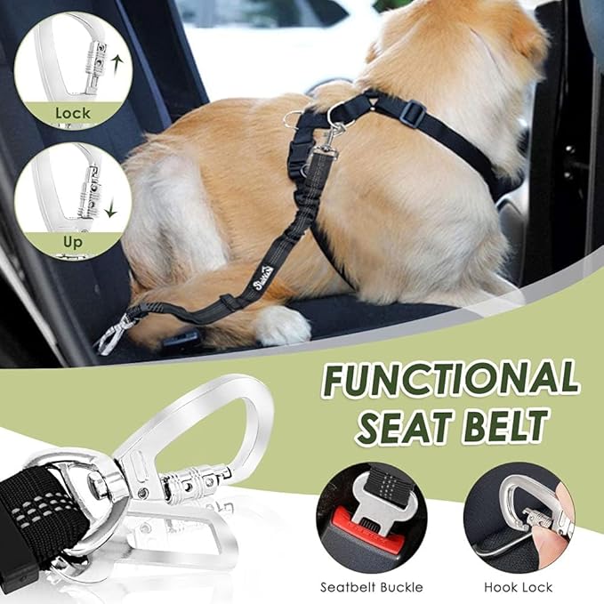 SlowTon Dog Seat Belt Harness for Car, Dog Car Harness Adjustable Mesh Breathable & Dog Seatbelt Safety Tether with Elastic Bungee for Small Medium Large Pets(Blue, Double Clip, M)