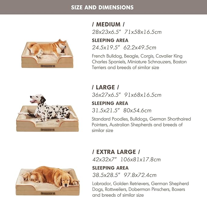 Friends Forever Orthopedic Dog Bed for Extra Large Dogs, Waterproof Memory Foam Dog Sofa Bed XL with Removable Washable Cover, Ally Khaki, 42x32x7