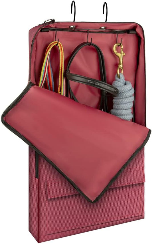 Horse Bridle Bag, Horse Tack Carry Bag with 3 Prong Tack Rack for Halters, Bridle, Harness, Equestrian Reins, Bits and Headstalls (Wine Red)