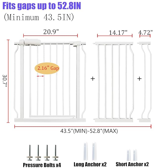 Extra Wide Baby Gate 48-53 Inch, Tension Mounted No Drilling, Pressure Mounted Indoor Safety Gate for Stairs & Doorways - Metal Design for Kids and Pets, White