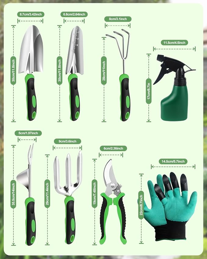 Garden Tools Set, 8 in 1 Heavy Duty Garden Tools Kit, Stainless Steel Ergonomic Gardening Hand Tool with Upgraded Bag, Gardening Supplies Gift for Women, Kid, Organizer