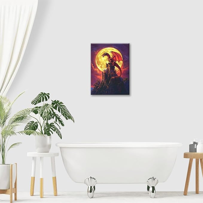 Dragon Bathroom Pictures Wall Art, Red Dragon Castle Bathroom Wall Decor, Framed Painting Canvas Artwork for Bedroom Living Room Decorations 16"L x 12"W