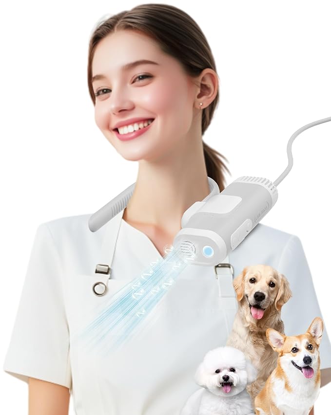 Hands-Free Dog Hair Dryer – Low Noise Pet Grooming Blower for Small & Medium Dogs Cats, Fast Drying, Adjustable Heat & Speed, Portable (Gray)