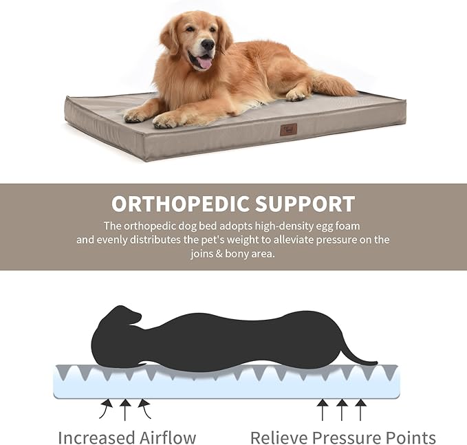 Outdoor Dog Bed for Medium Dogs, Waterproof Dog Crate Bed for Puppy Beds, Orthopedic Egg Crate Foam Pet Bed with Washable and Removable Oxford Cover, Khaki