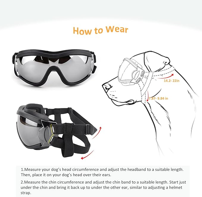 Dog Sunglasses for Large and Medium Breed, Dog Goggles for Large Dogs, Sun Protection, Windproof, Waterproof, Dustproof and Anti-Fog with Adjustable Strap for Driving, Motorcycle, Black