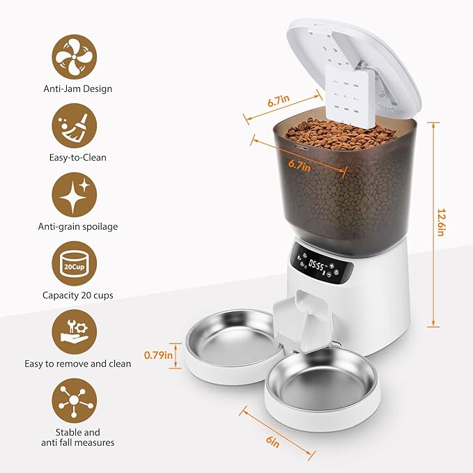 Automatic Cat Feeders for Two Cats, 5L/20 Cups Double Automatic Cat Food Dispenser with 2 Stainless Bowls, Timer Setting 20 Portions 6 Meals Per Day, 10s Meal Call, Pet Feeder for Dog (White)