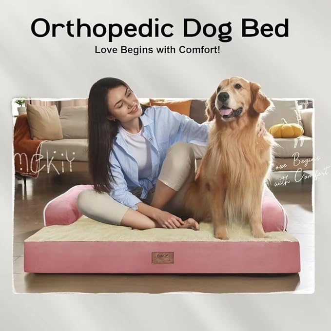 Large Dog Bed Orthopedic Washable - Couch Sofa - XXL Large Big Dogs - Beds Bolster Pet - Memory Foam - Waterproof with Removable Cover - Pink Dog Bed