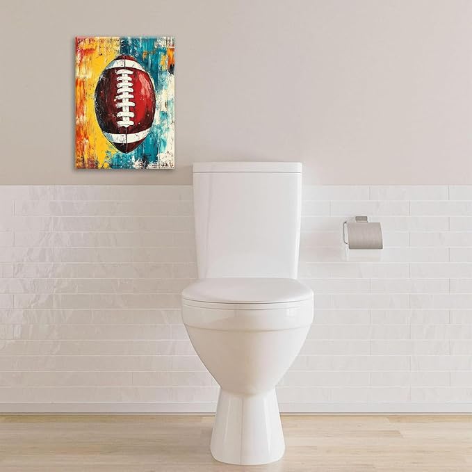Graffiti Football Bathroom Pictures Wall Art, Rugby Sport Bathroom Wall Decor, Colorful Football Framed Painting Canvas Artwork for Bedroom Living Room Decorations 16"L x 12"W