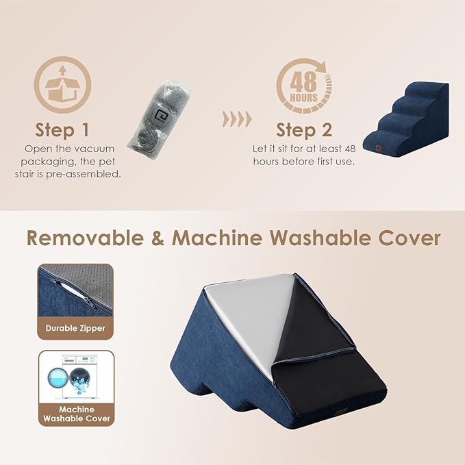 EHEYCIGA Curved Dog Stairs Ramp for Small Dogs 15.7" H, 3-Step Dog Steps for Couch Sofa and Chair, Pet Stairs for Cats, Non-Slip Balanced Pet Steps Indoor, Navy