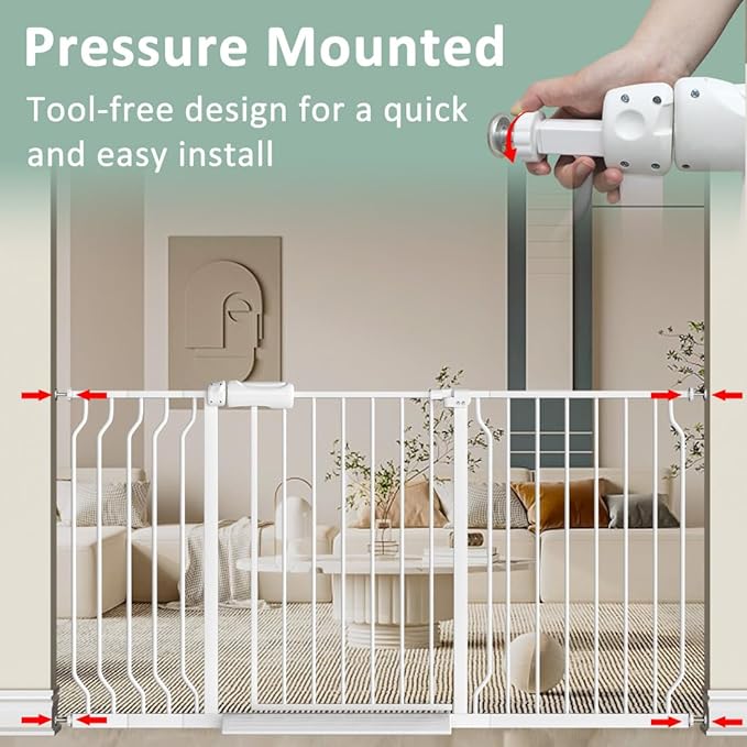 TSAYAWA Walk Through Baby Gate with Door, 48.1-52.7 Inch Wide Presure Mounted No Drill Metal Auto Close Child Gate for Stair Doorway - Indoor Outdoor Safty Gate for Toddler Dog Doggie, White