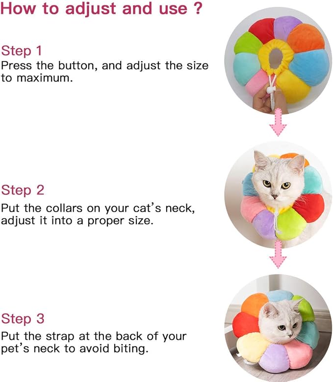 KUDES Cat Small Dog Recovery Collar, Cute Neck Cone After Surgery, Adjustable Pet E Collar, Wound Healing Protective Cone Surgery Recovery Elizabethan Collars for Small Pet (L(Within 14lb), Colorful)