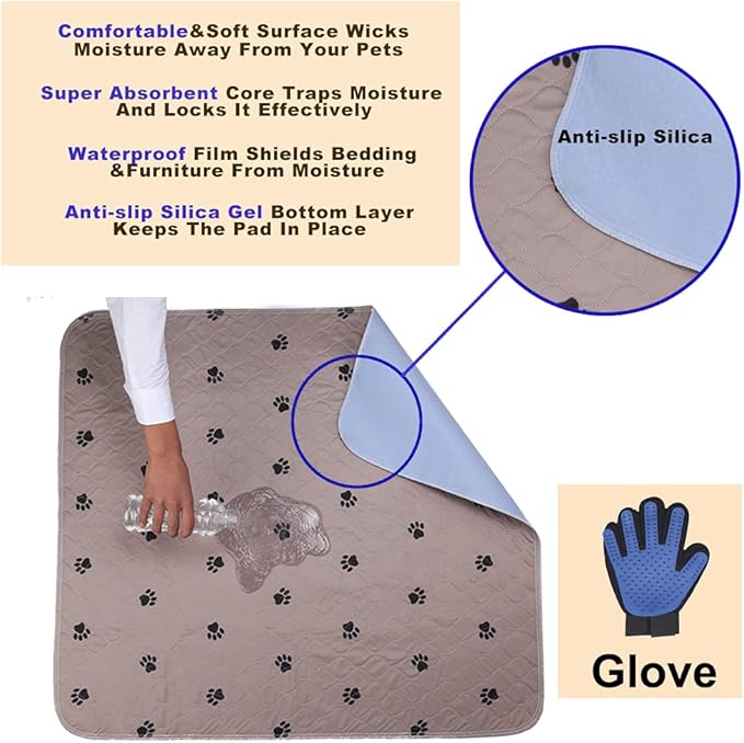 SincoPet Washable Dog Pee Pads with Puppy Grooming Gloves,Puppy Pads,Reusable Pet Training Pads,Large ,Waterproof Pet Pads for Dog Bed Mat,Super Absorbing Whelping Pads,48x48 Inch (Pack of 2)