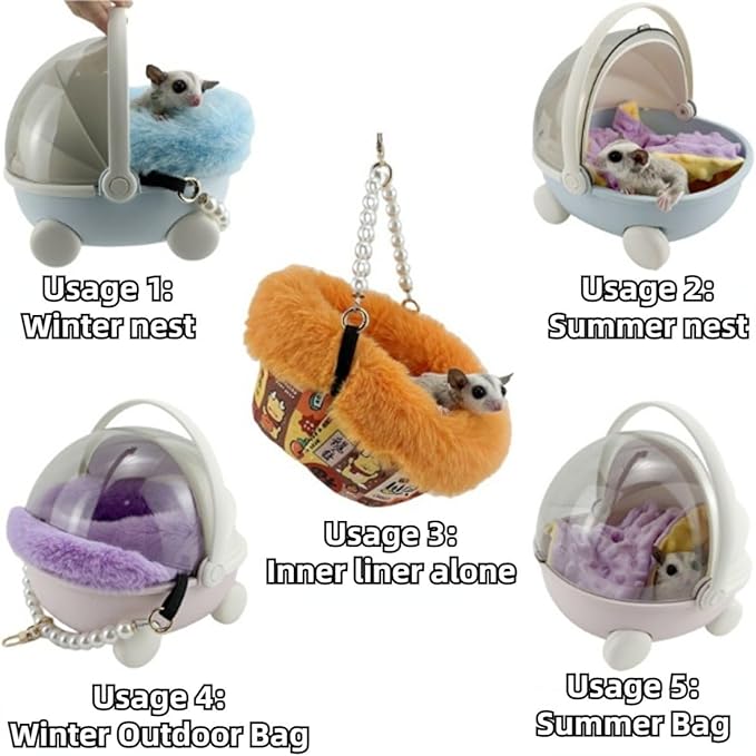 Sugar Glider Carrier Cage with Warm Nest, Cushion, Mat and Safe Lock, Portable Cages with Chain, Small Animals Travel Carrier Plastic Breathable Outgoing Box for Hamsters (Blue)