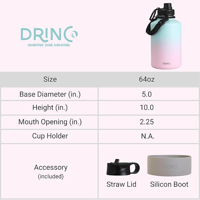 DRINCO Stainless Steel Water Bottle Spout Lid Vacuum Insulated Double Wall Water Bottle Wide Mouth (64oz 40oz 32oz 22oz 18oz 14oz) Leak Proof Keep Cold Sport Camping Hiking (64 oz, 64oz Macaron)