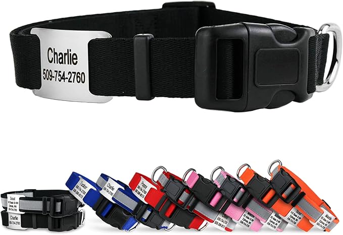 GoTags Personalized Dog Collar with Nameplate, Adjustable Dog Collar with Custom Engraved Slide On Pet ID Tag in Stainless Steel, Silent, No Noise Dog Tag for Large Medium and Small (Black, Large)