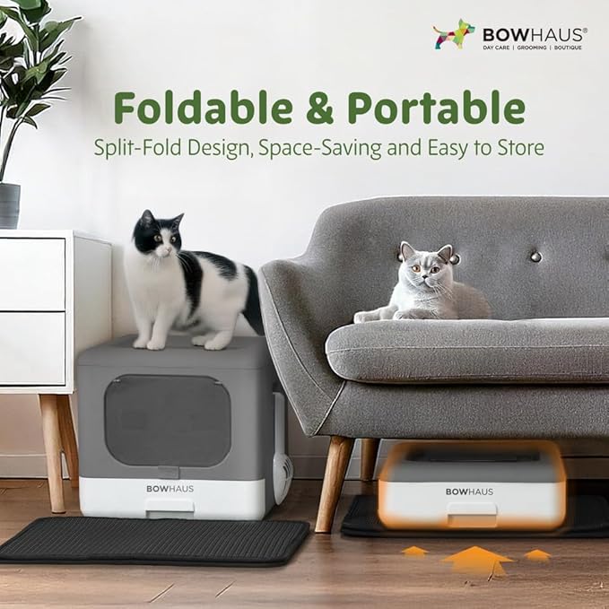 Foldable Cat Litter Box w/Lid, Scoop & Mat, Drawer Design Cat Toilet for Kitten, Two-Way Entry Kitty Litter Box, Odor Control & Easy to Clean, Dark Grey