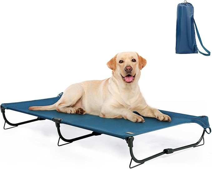 Folding Raised Dog Cot, Large Outdoor Elevated Dog Bed, Cooling Chew Proof Pet Cots Bed, Portable, Heavy Duty Up to 160 lbs, Pet Cot for Camping, Home, Dark Blue, 43"x27"x7"