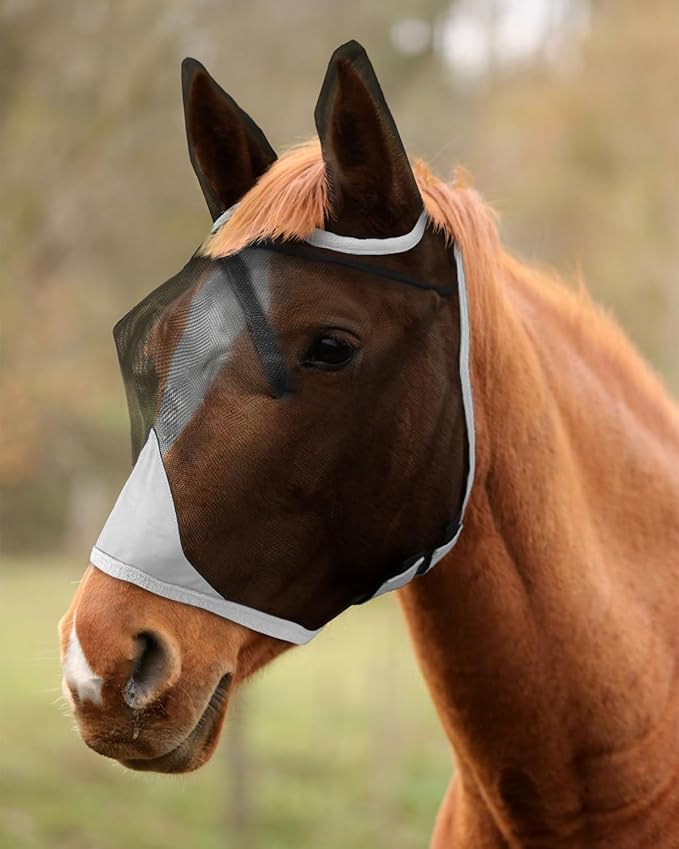 Hilltown Adjustable Fly Mask for Horse with Ears - UV-Block, Large Eye Space, Breathable, Built to Last, Comfort Fit - Horse Fly Mask for Daily Stable, Hot Weather Riding & Competition - Full, Grey
