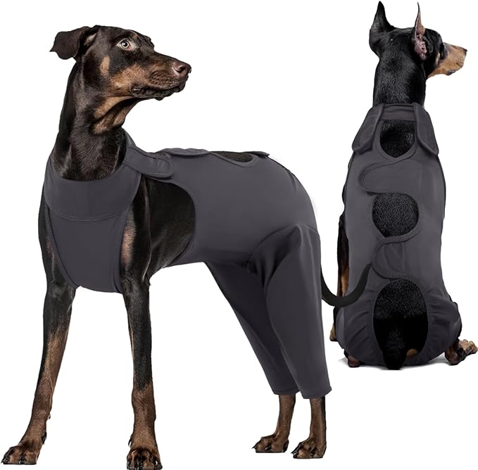 Kuoser Dog Surgery Recovery Suit, Thigh Wound Protective Sleeve for Dogs, Dog Recovery Sleeve for Female Male Dogs, Pet Surgical Suit for Spay Neuter, Dog Onesie After Surgery, Gray L