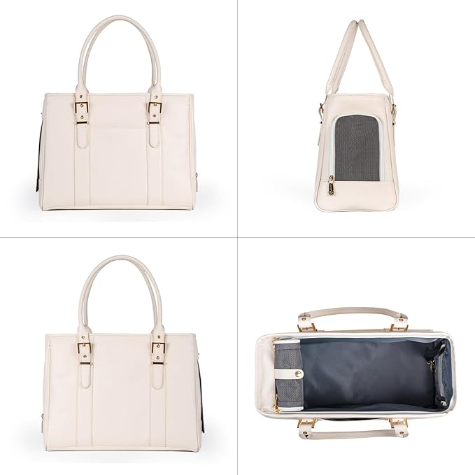 Fashion Pet Carrier Dog Purse Cat Bag Soft-Sided Carriers Travel Airline Approved, Stylish Leather Tote Handbag for Small Animal Puppy Kitten (White)