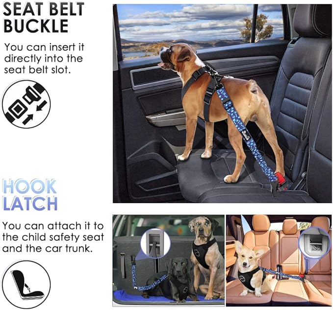 SlowTon Dog Seat Belt, Adjustable Dog Safety Belt Leash, 2 in 1 Latch Bar Attachment Dogs Car Seatbelt with Elastic Nylon Bungee Buffer, Reflective Nylon Belt Tether (BL,35.5in)