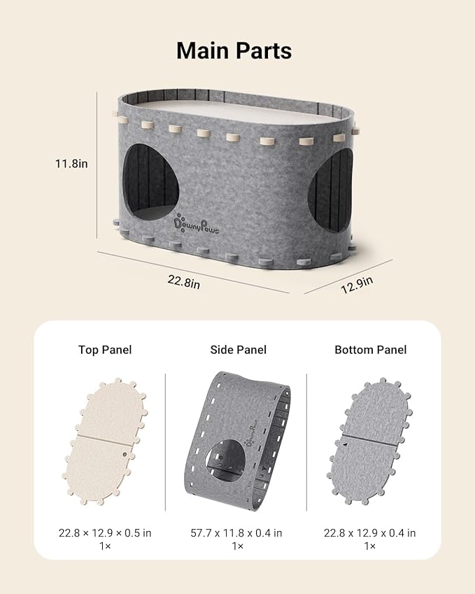 DownyPaws Cat House for Indoor Cats, Cat Bed Cave for Multiple & Large Cats Up to 22 Lbs, Scratch Resistant, Foldable Peekaboo Kitten Caves Tunnel Enclosed Bed, PeekaPurr, Light Gray