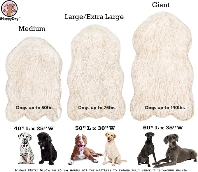 IHAPPYDOG Luxury Faux Fur Orthopedic Dog Bed, Memory Foam Dog Bed for Small, Medium, Large and XL Pets, Fluffy Pet Bed with Waterproof and Washable Cover (White w/Brown Tips, 60"x35")
